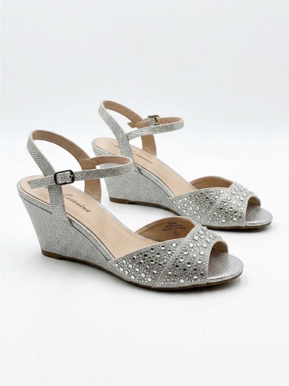 L. Lorraine silver rhinestone wedge sandals size 7 evening shoes
